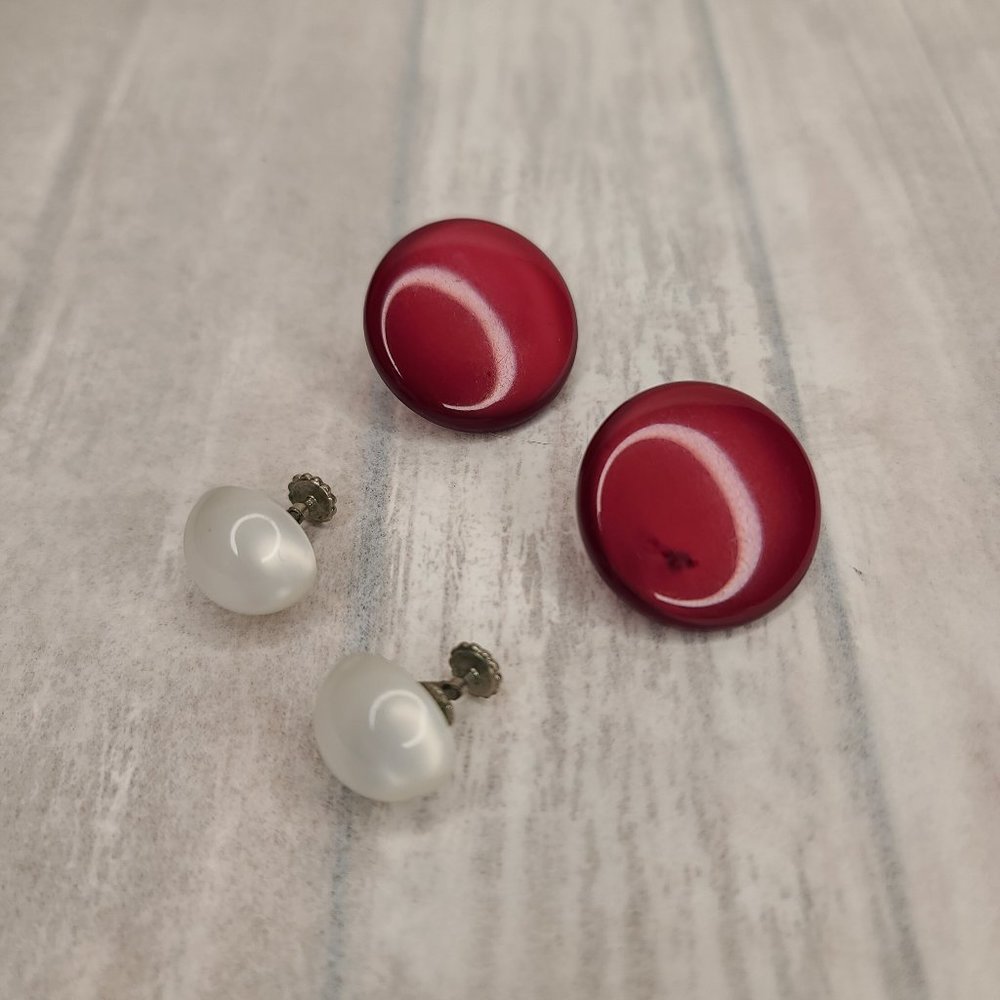 Two Pairs of Red and White Vintage Moonglow Lucite Earrings. Pinup Retro